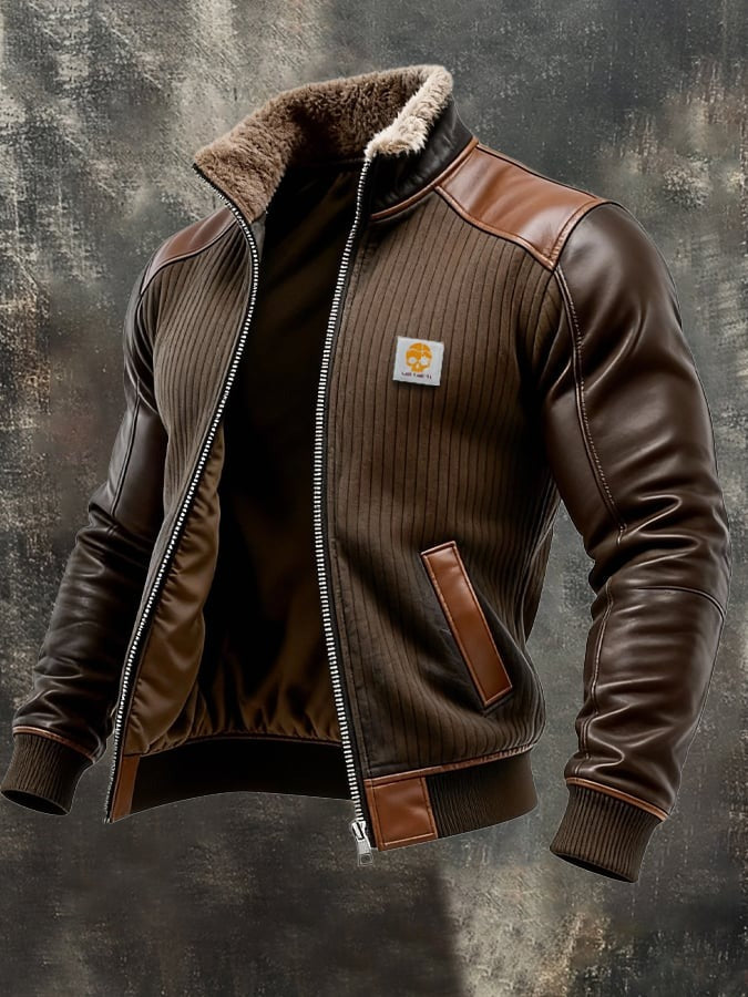 Giacca retro in maglia a coste con design patchwork in pelle