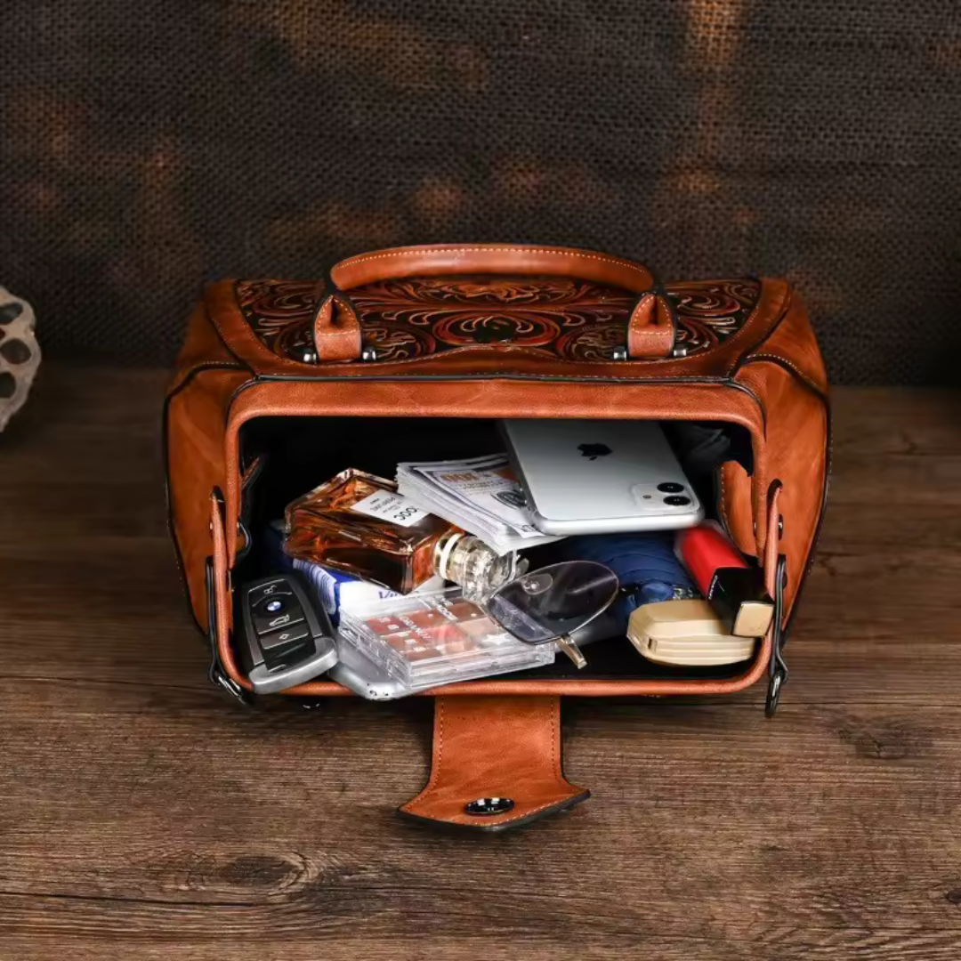 Florina - Borsa a mano in pelle con incisione e motivo floreale