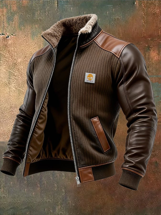 Giacca retro in maglia a coste con design patchwork in pelle