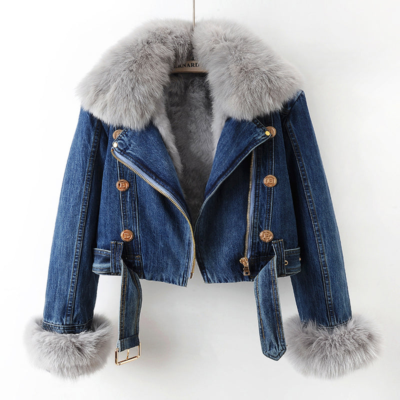 Cappotto in Denim con Collo in Pelliccia di Volpe Margaux Luxe Foderato