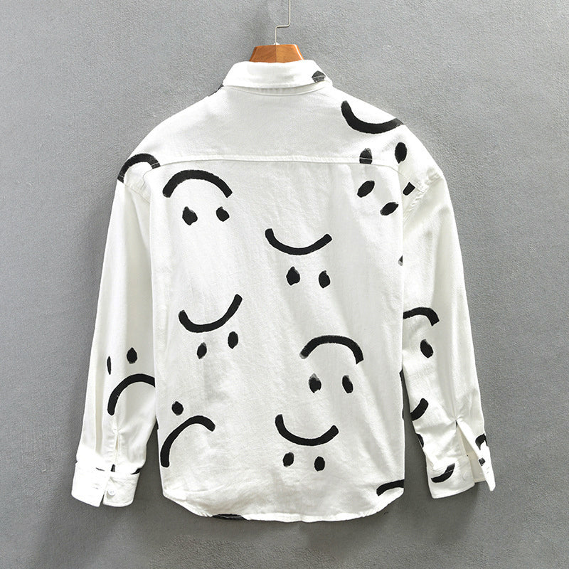 Camicia da uomo in cotone a maniche lunghe con motivo smiley