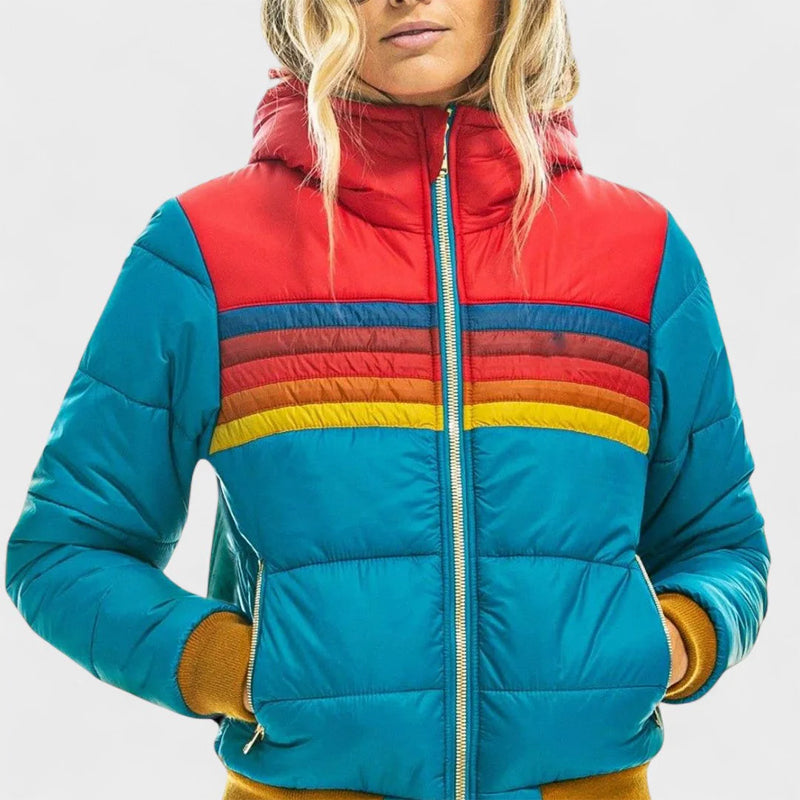 Giacca Puffer con Cappuccio Retro Colorblock
