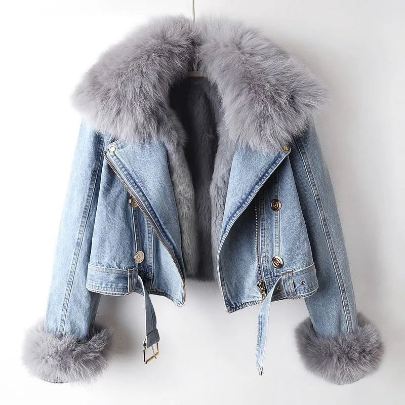 Cappotto in Denim con Collo in Pelliccia di Volpe Margaux Luxe Foderato