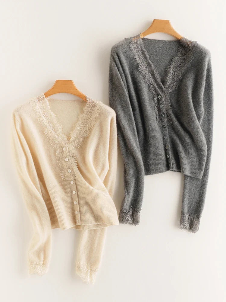 Cardigan in Cashmere con Pizzo Charlotte