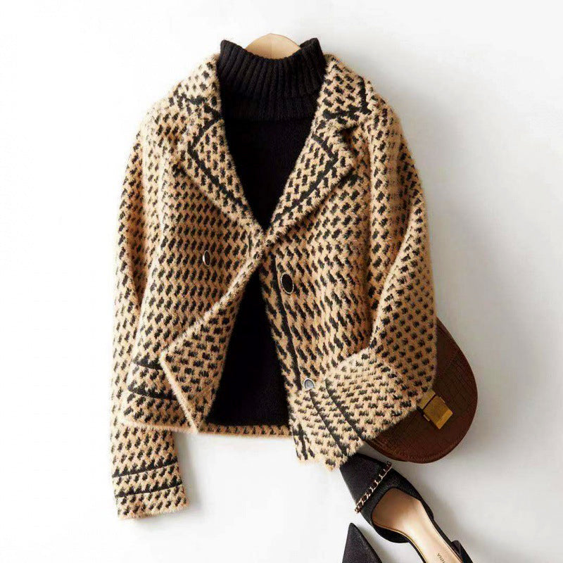 Giacca Corto con Bottoni da Donna con Motivo Houndstooth