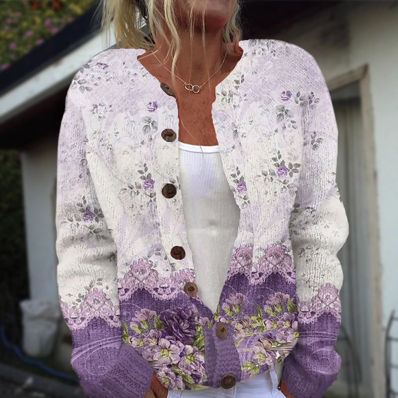 Cardigan floreale da donna con bottoni frontali