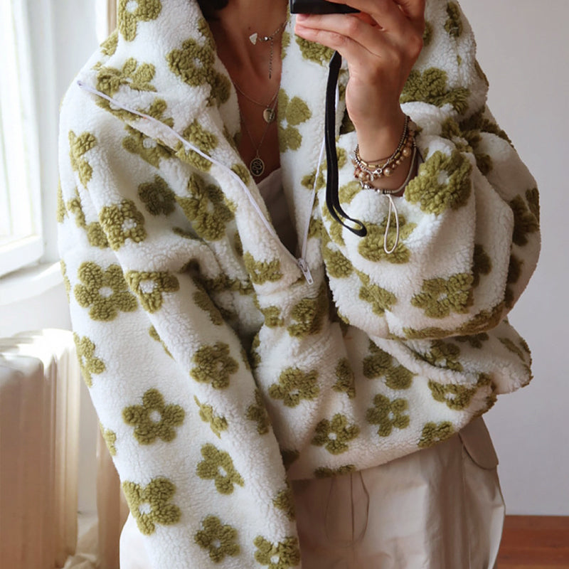 Felpa in pile con zip a metà e motivo floreale per donne