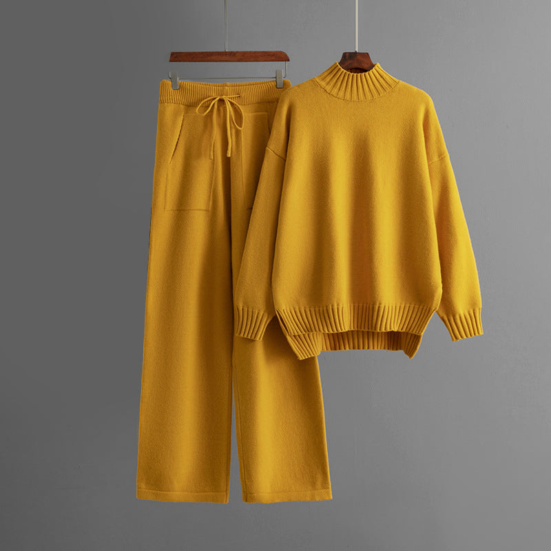 Set da lounge in maglia da donna con collo alto e pantaloni rilassati