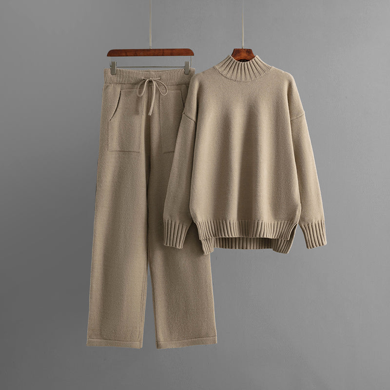 Set da lounge in maglia da donna con collo alto e pantaloni rilassati