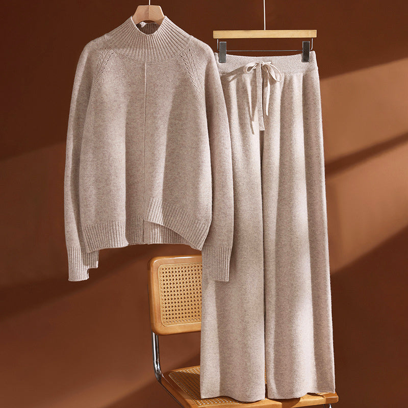 Set di Maglione in Lana da Donna con Collo Alto e Pantaloni