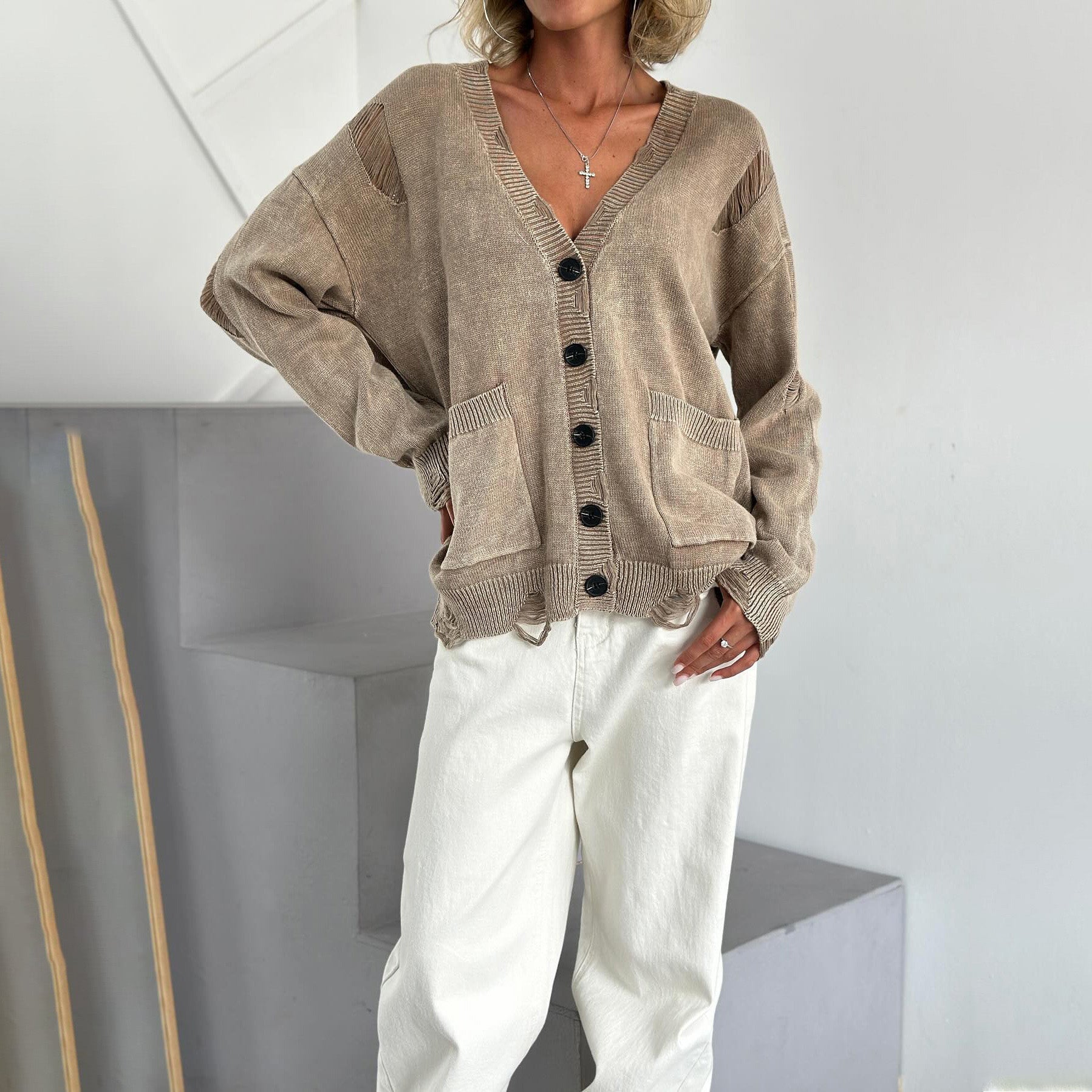 Cardigan in misto cotone con scollo a V per donna