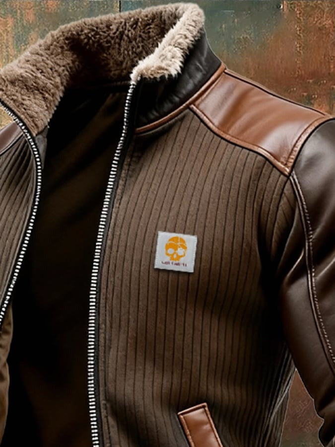 Giacca retro in maglia a coste con design patchwork in pelle