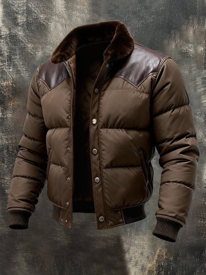 Piumino con dettagli in pelle e colletto in pelliccia