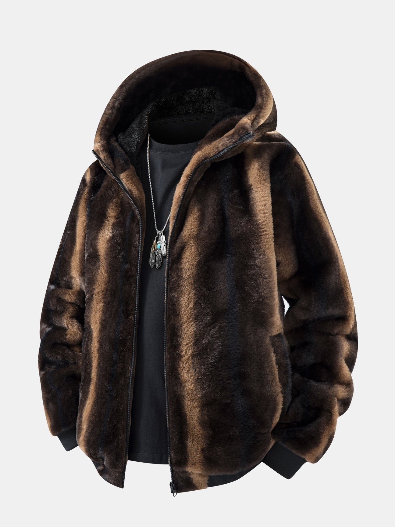 Giacca con cappuccio in pelliccia sintetica a stampa animale