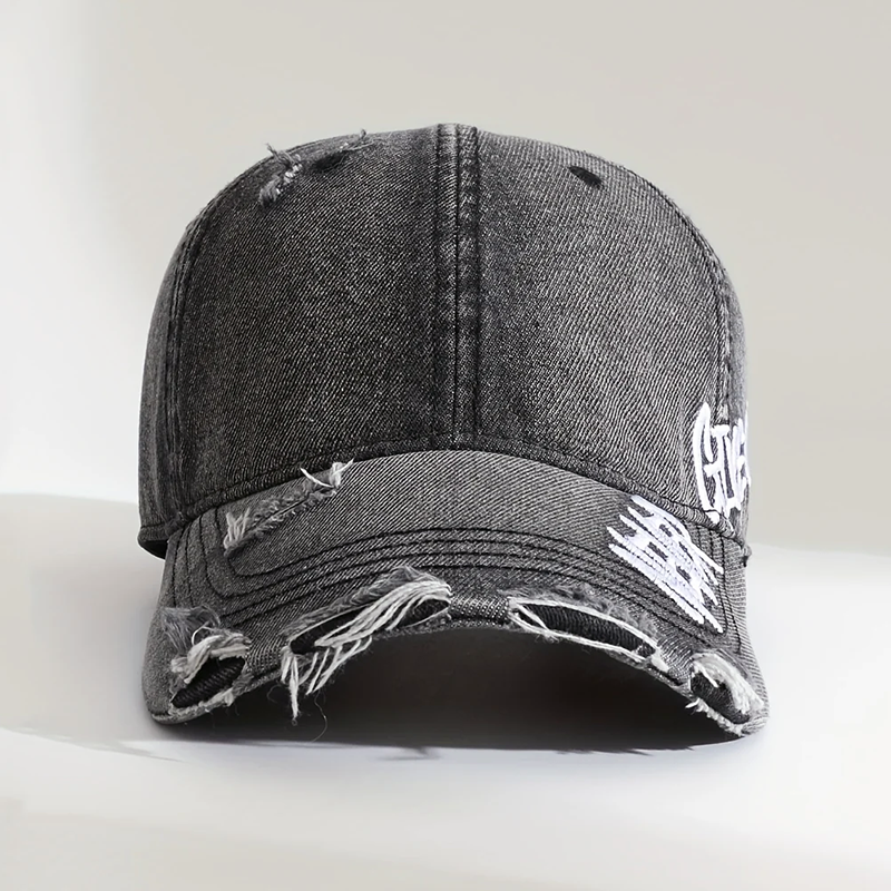 Cappellino da baseball in denim distressed con ricamo "Never Give Up"