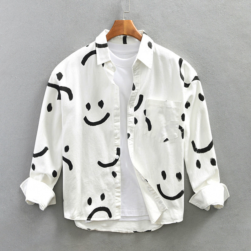 Camicia da uomo in cotone a maniche lunghe con motivo smiley