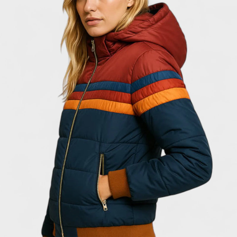 Giacca Puffer con Cappuccio Retro Colorblock