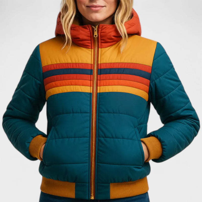 Giacca Puffer con Cappuccio Retro Colorblock