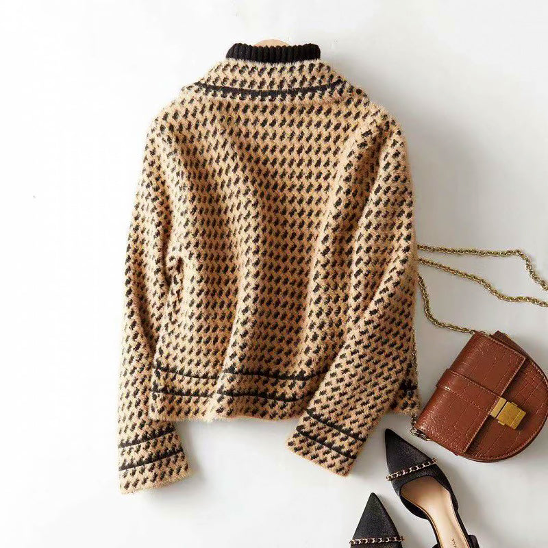Giacca Corto con Bottoni da Donna con Motivo Houndstooth