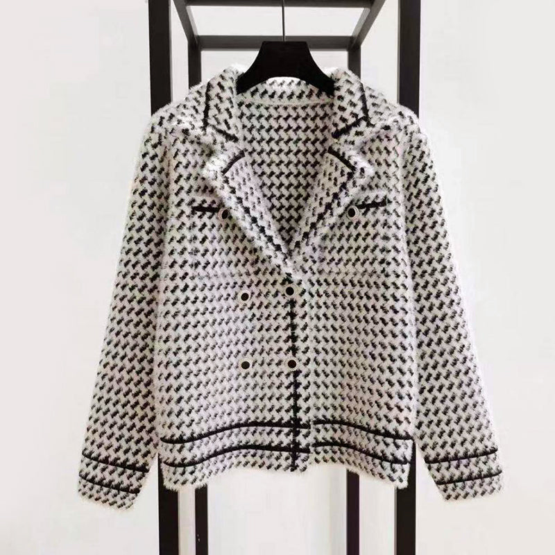 Giacca Corto con Bottoni da Donna con Motivo Houndstooth