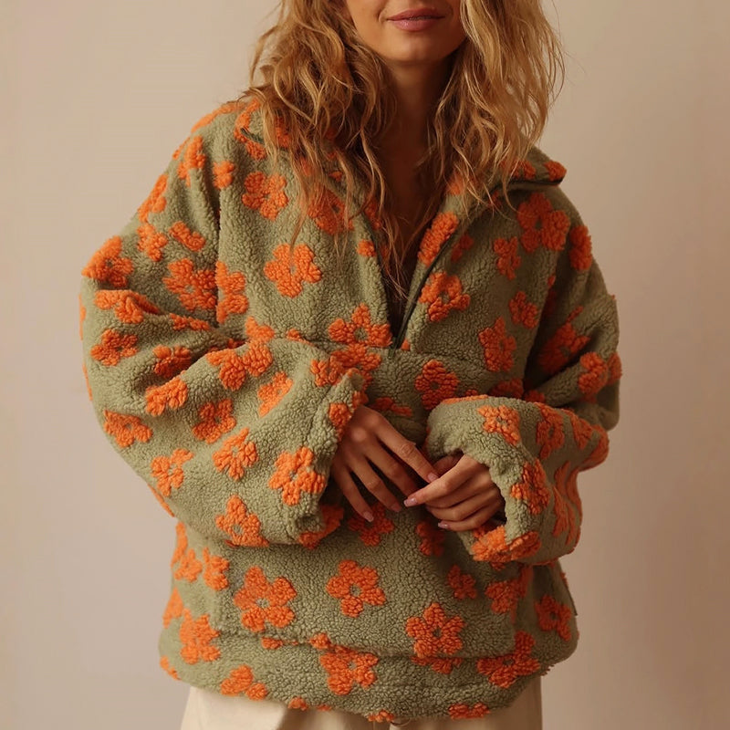 Felpa in pile con zip a metà e motivo floreale per donne