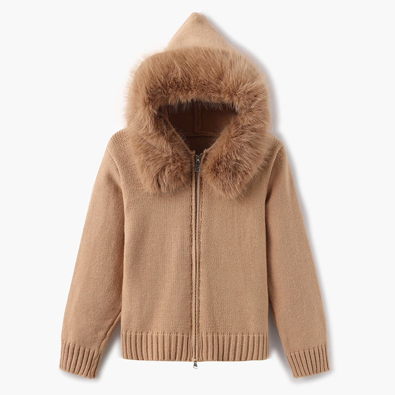Cardigan da donna con cappuccio e bordo in pelliccia sintetica