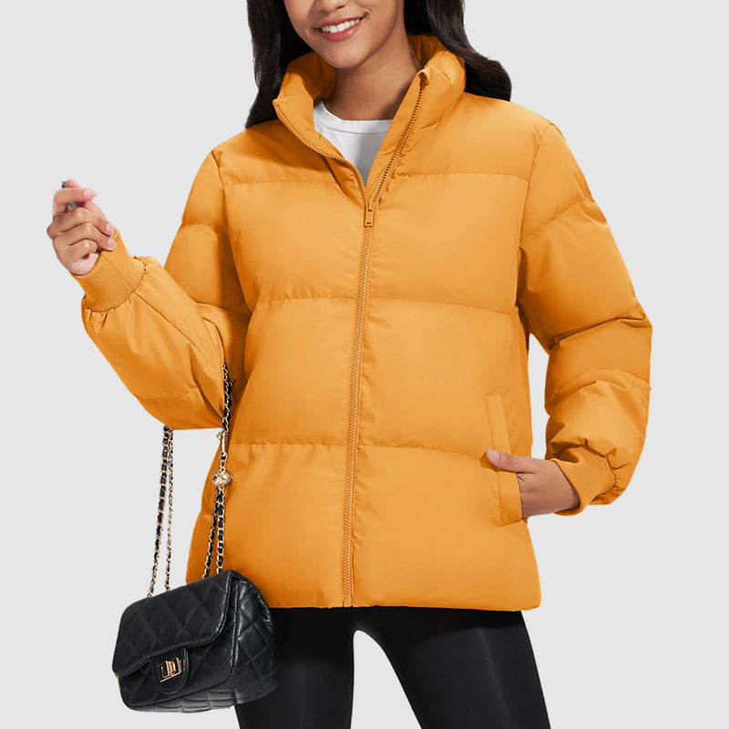 Giacca Puffer in Piuma da Donna di Lunghezza Media con Collo Alto