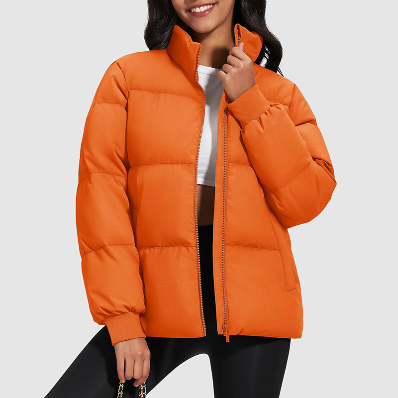 Giacca Puffer in Piuma da Donna di Lunghezza Media con Collo Alto