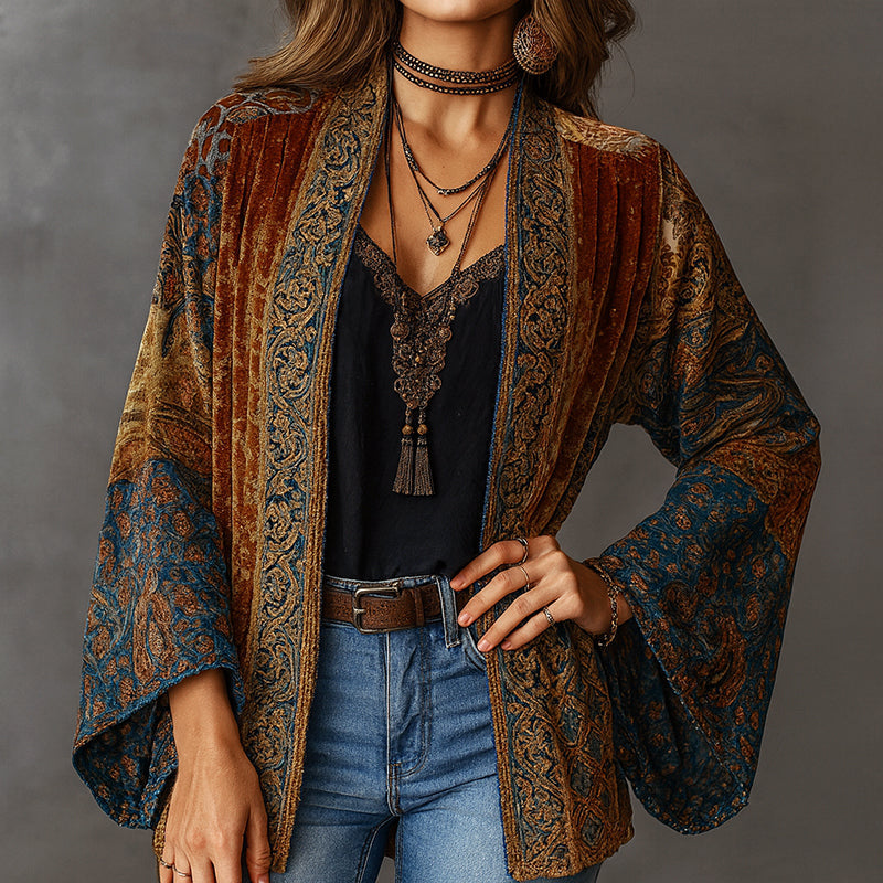 Cardigan aperto in velluto per donna con motivo boho