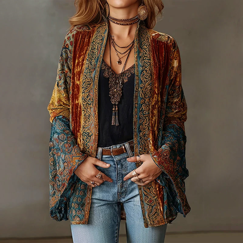 Cardigan aperto in velluto per donna con motivo boho