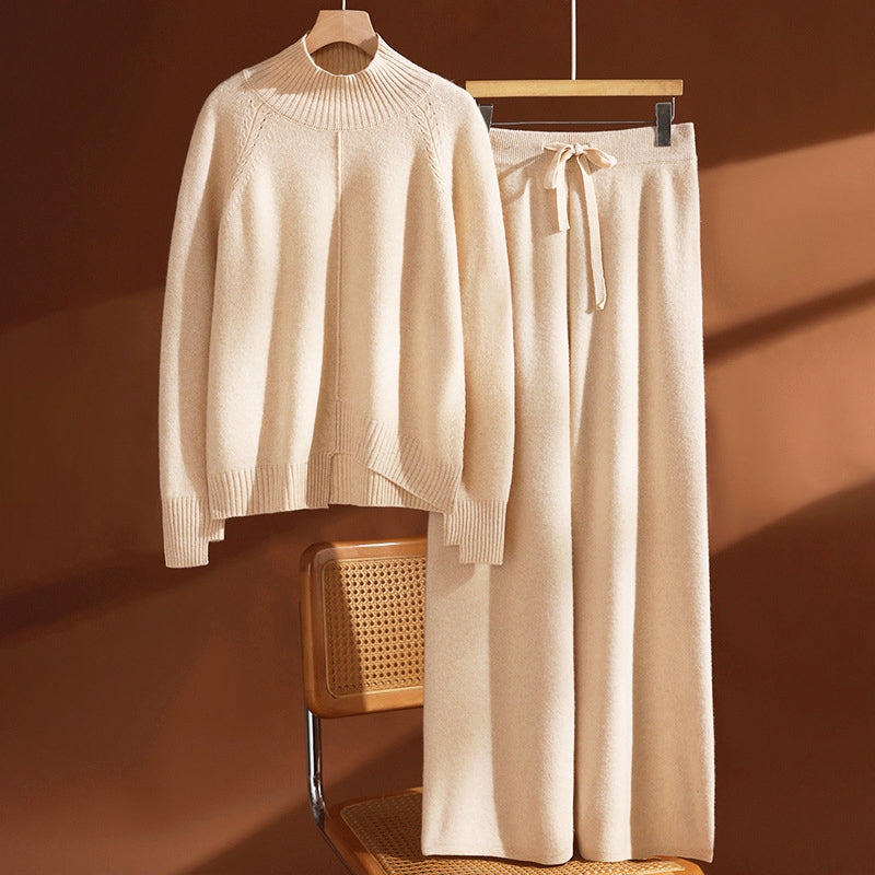 Set di Maglione in Lana da Donna con Collo Alto e Pantaloni