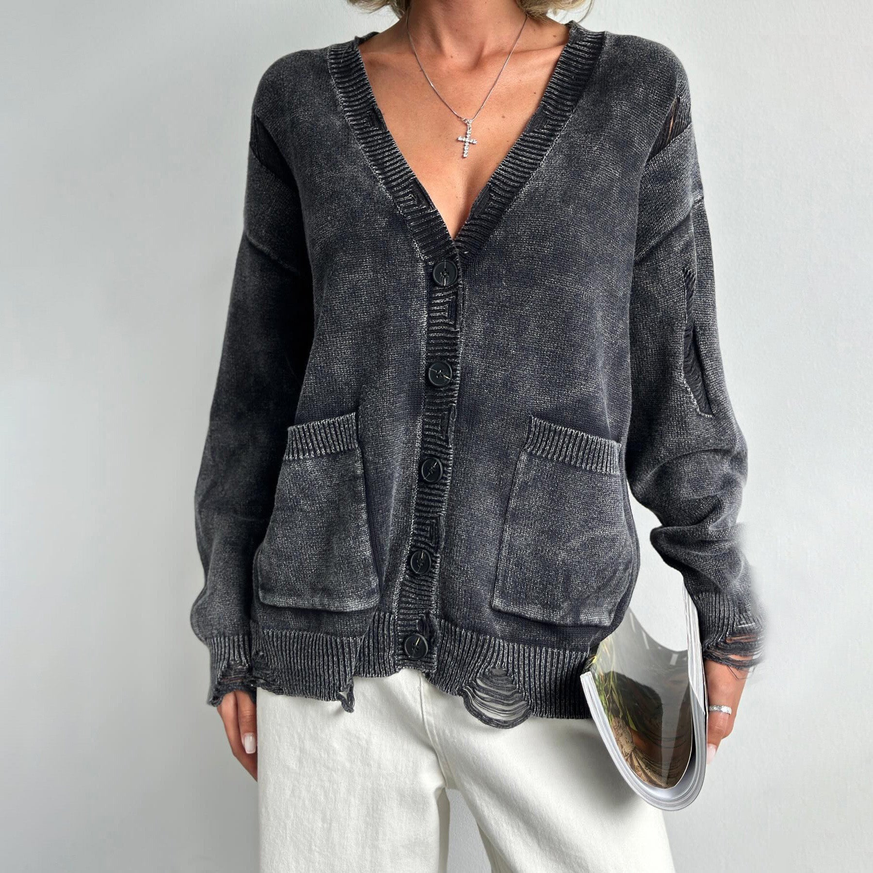 Cardigan in misto cotone con scollo a V per donna