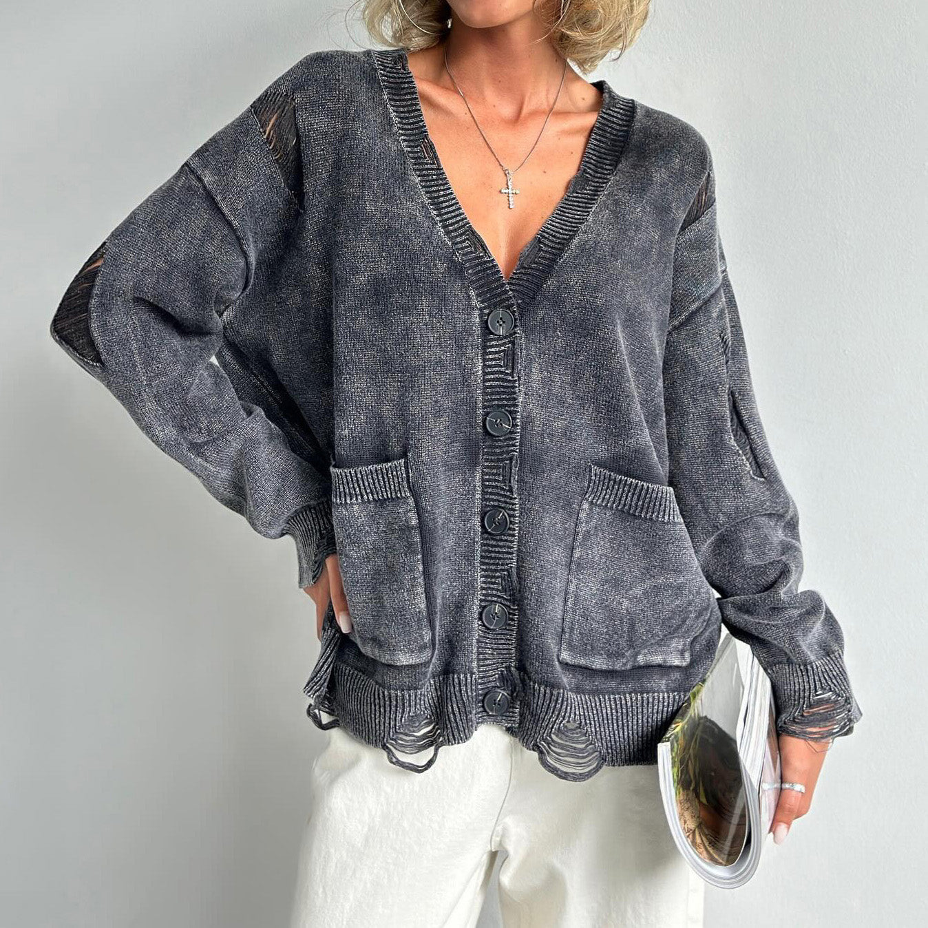Cardigan in misto cotone con scollo a V per donna