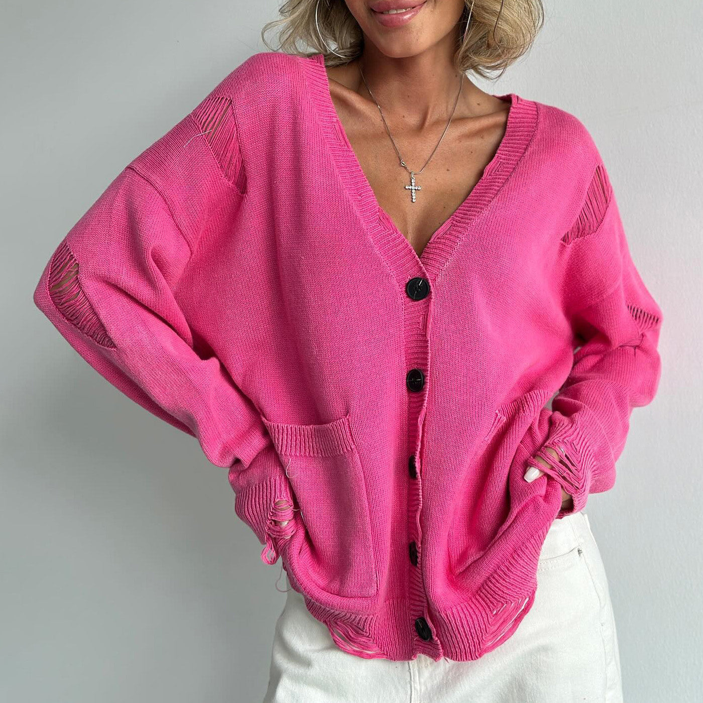 Cardigan in misto cotone con scollo a V per donna